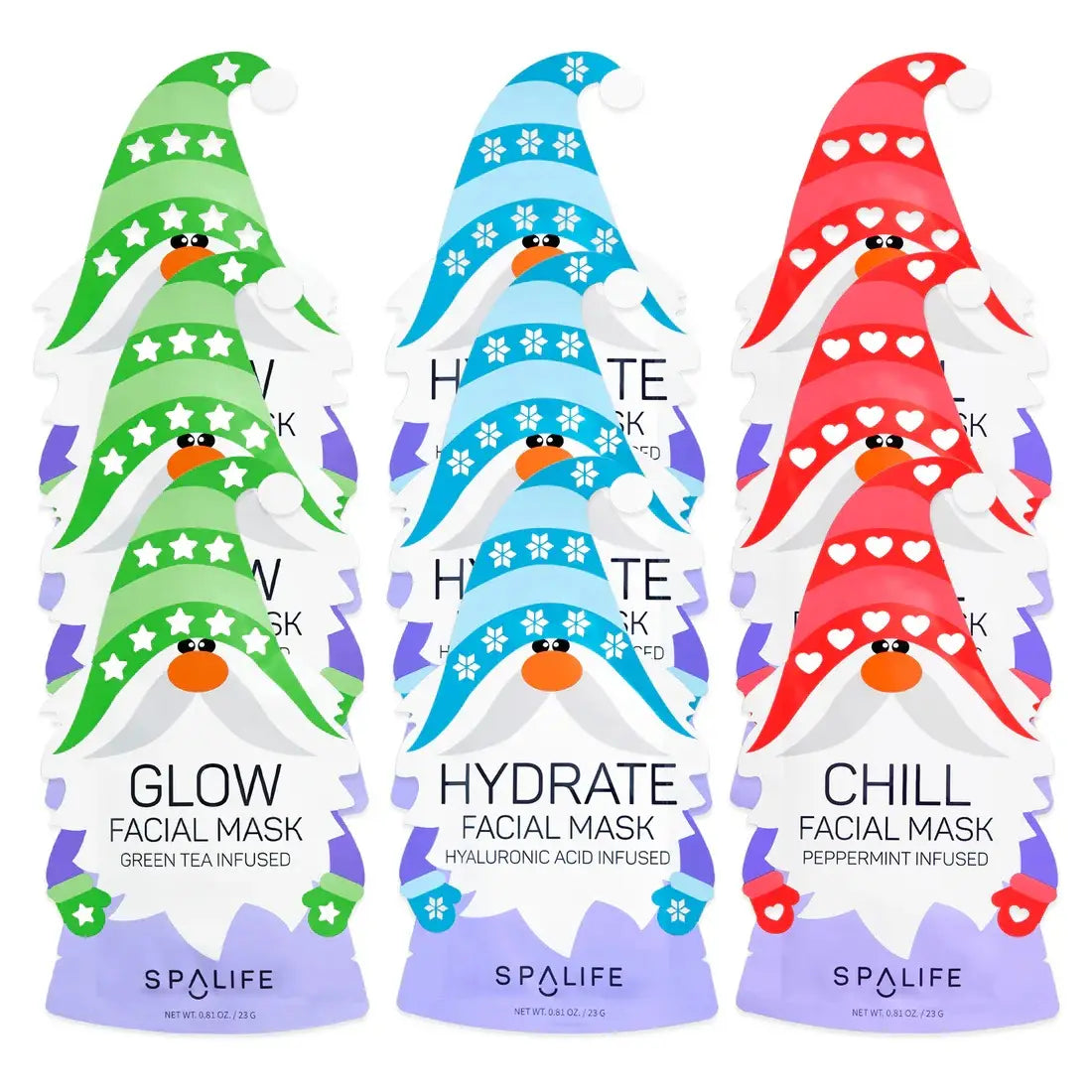 Glow Facial Mask- green tea infused
Hydrate Facial Mask- hyaluronic acid infused
Chill Facial Mask- peppermint infused