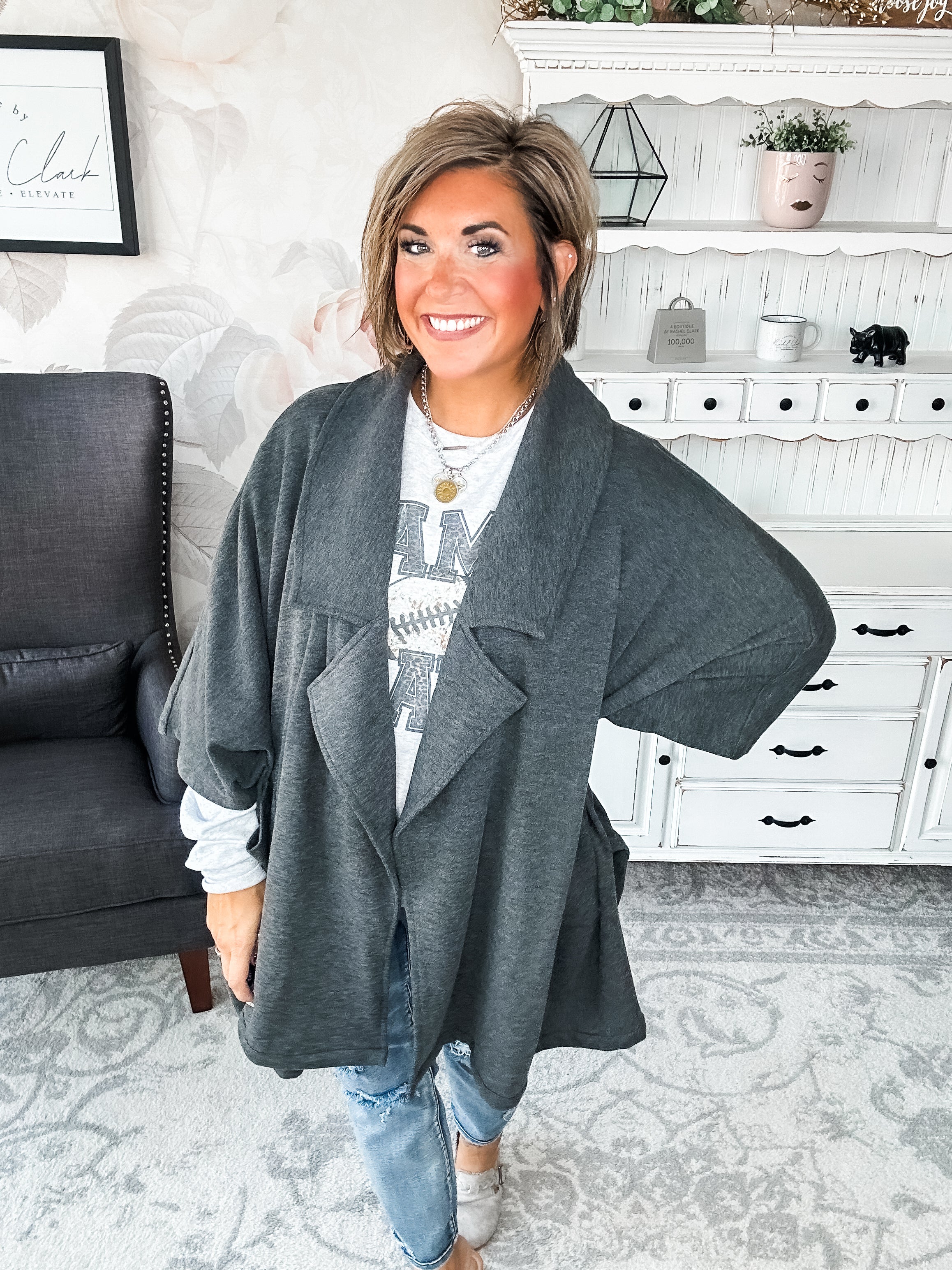 That's Not All Open Front Jacket - Charcoal