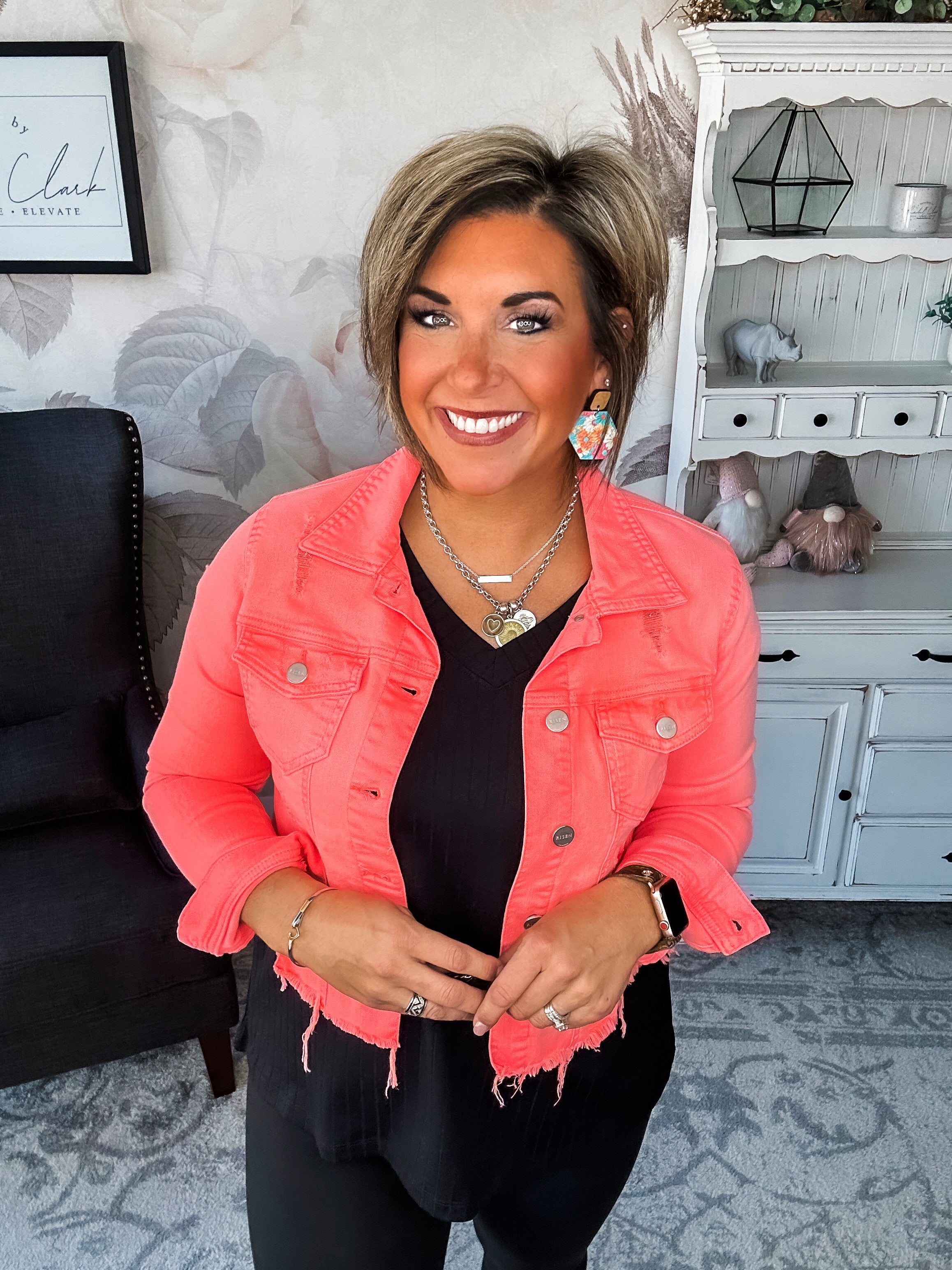 Make Me Happy Fray Hem Color Jean Jacket - Coral