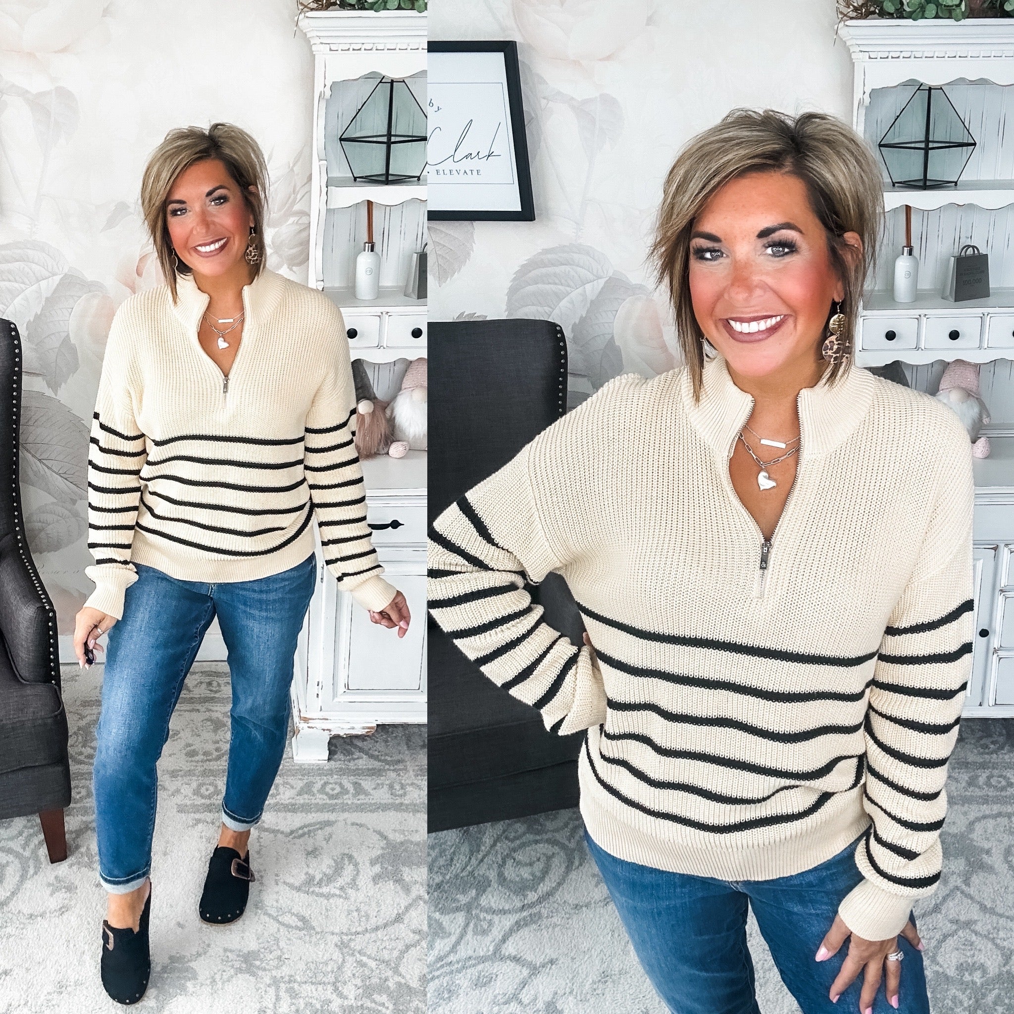 Ampersand Avenue - HalfZip Sweater Cream & Black Stripe