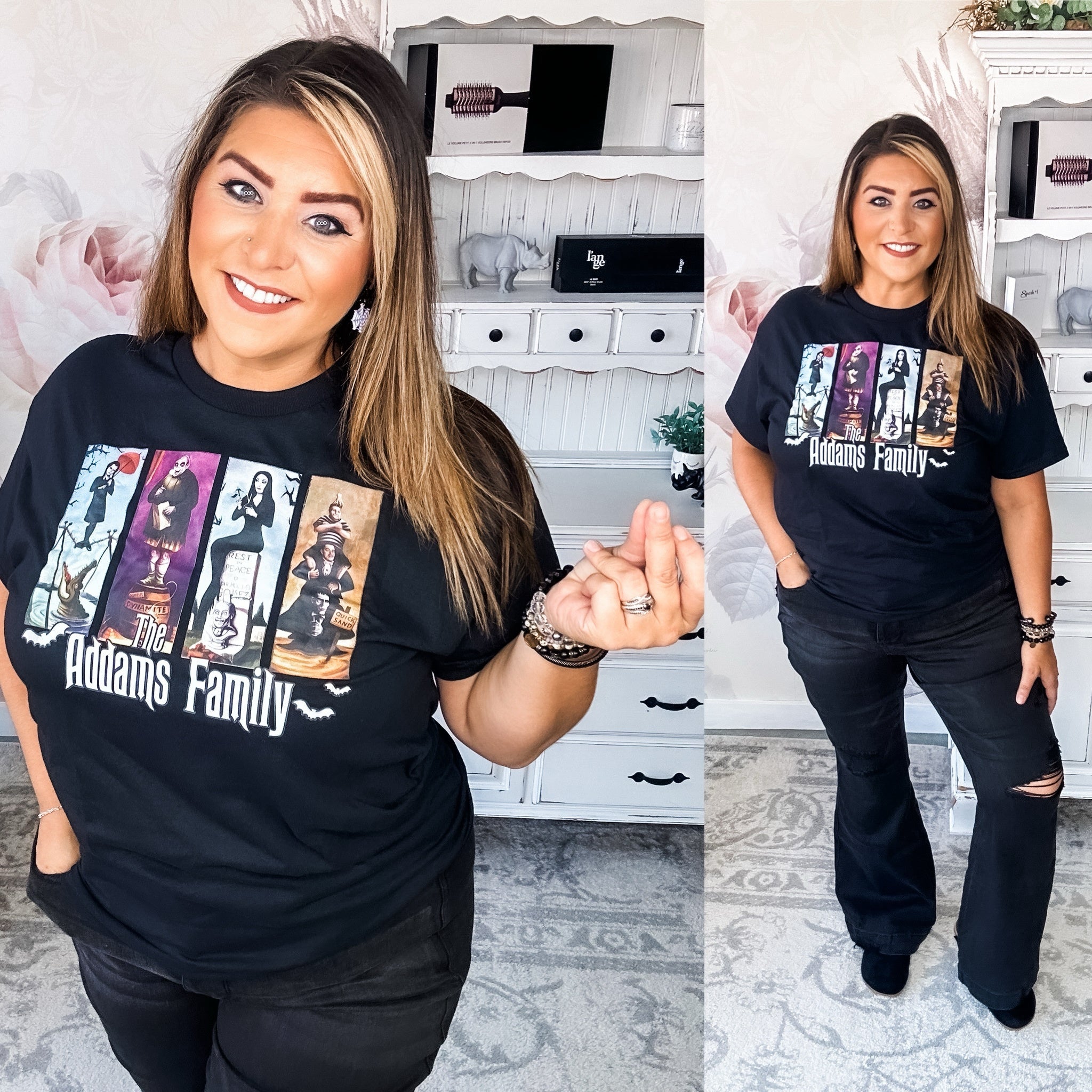 Woman wearing a black t-shirt with 'The Addams Family' graphic design.