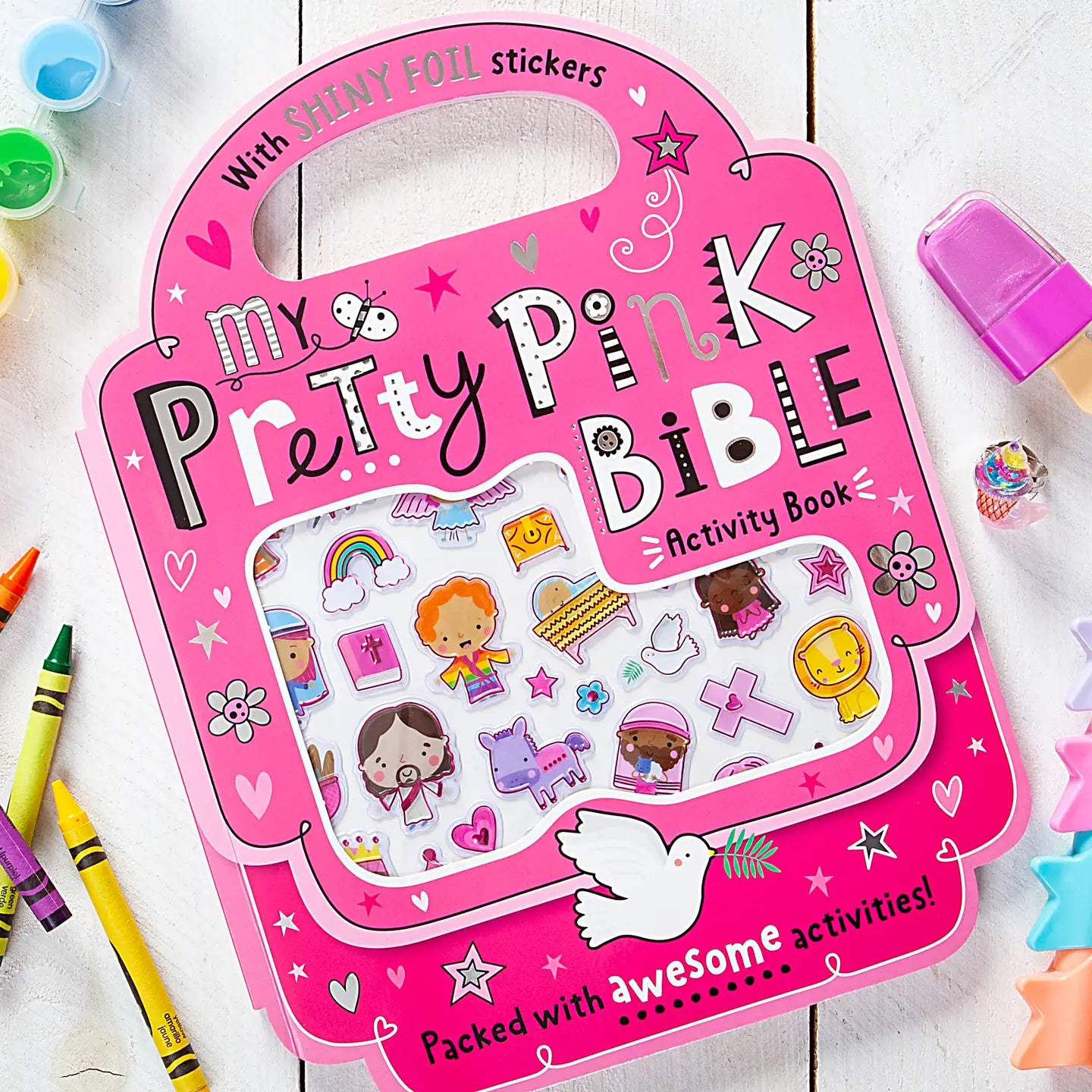 My Pretty Pink Bible activity book
with shiny foil stickers
packed with awesome activities