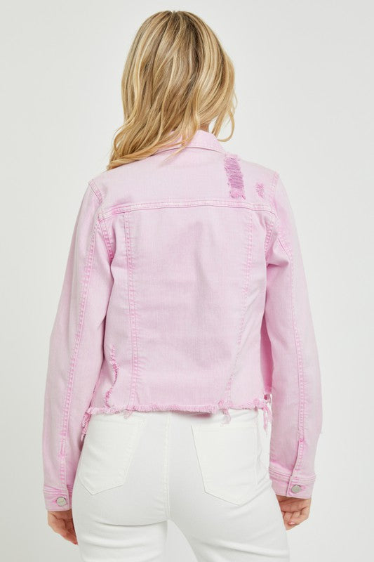 Make Me Happy Fray Hem Color Jean Jacket - Acid Wash Pink