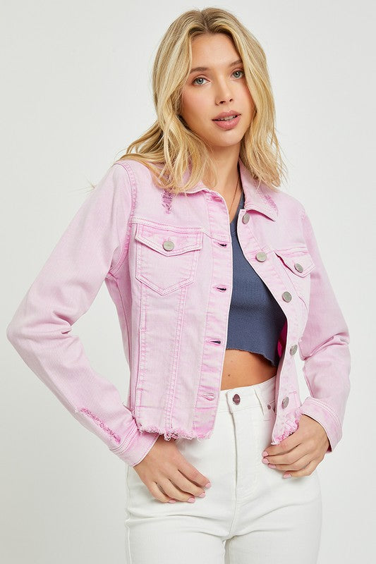 Make Me Happy Fray Hem Color Jean Jacket - Acid Wash Pink