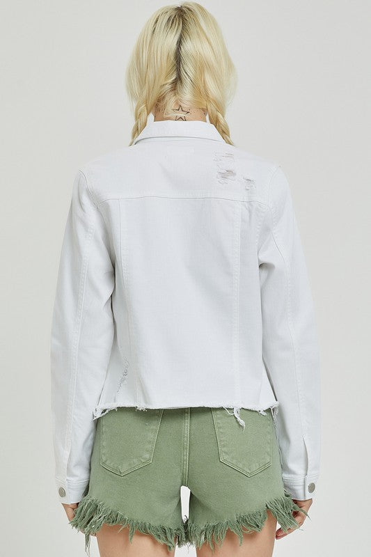 Make Me Happy Fray Hem Jean Jacket - White