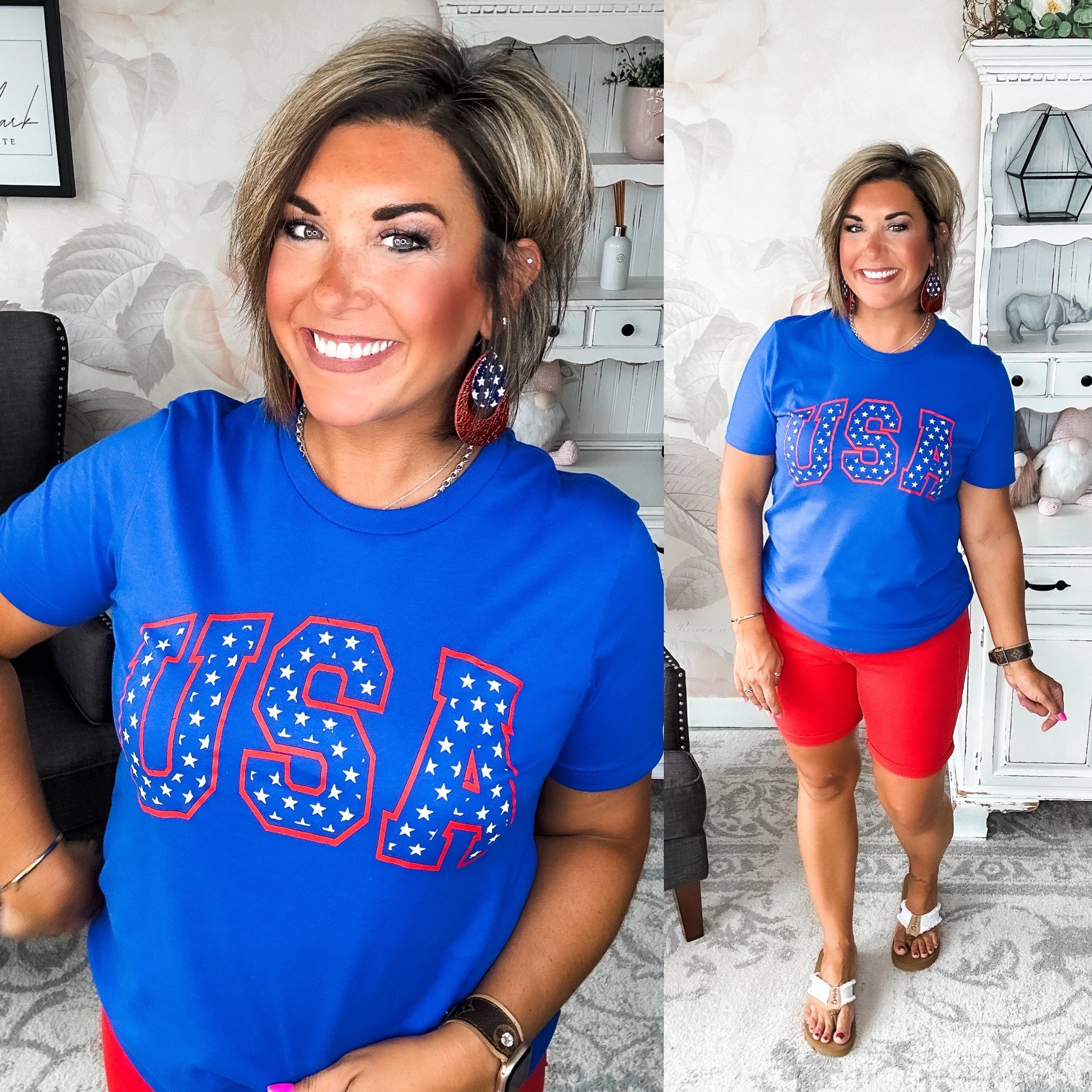 A person wearing a blue graphic tee with 'USA' and star patterns, paired with red shorts and accessories.