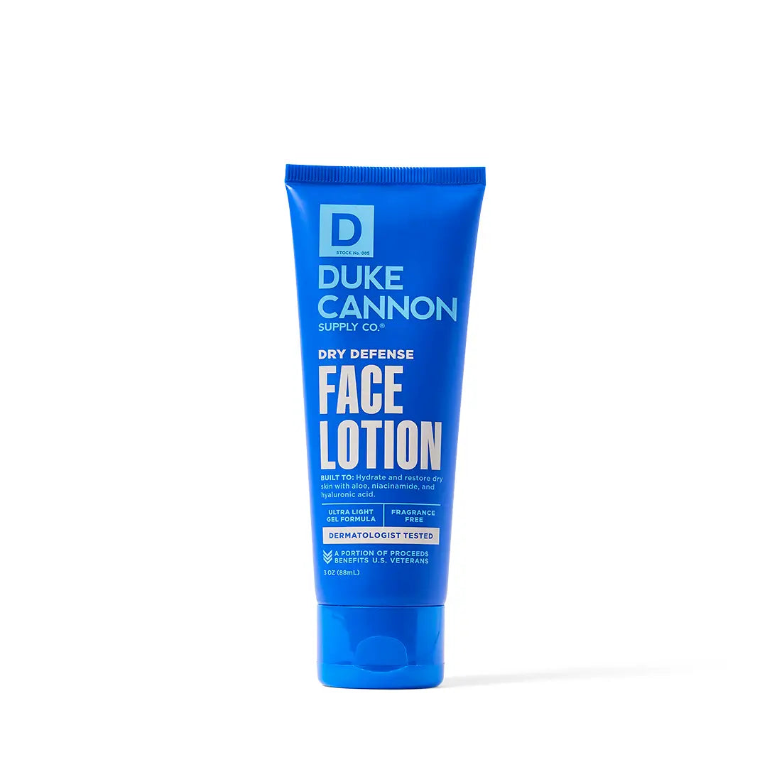 Duke Cannon Dry Defense Face Lotion
Built to hydrate and restore dry skin with aloe, niacinamide and hyaluronic acid.
Ultra light gel formula, fragrance free
Dermatologist tested
Portion of proceeds benefits U.S. veterans