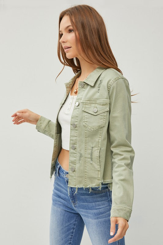 Make Me Happy Fray Hem Color Jean Jacket - Olive