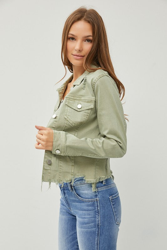 Make Me Happy Fray Hem Color Jean Jacket - Olive