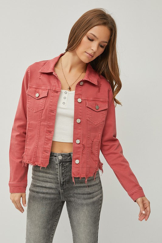Make Me Happy Fray Hem Color Jean Jacket - Brick