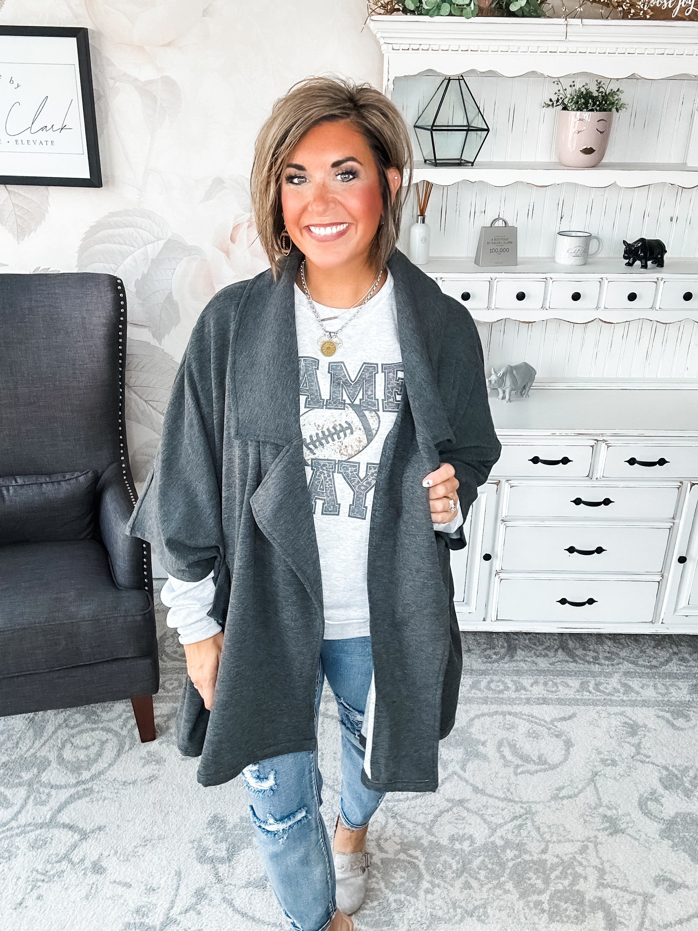 That's Not All Open Front Jacket - Charcoal