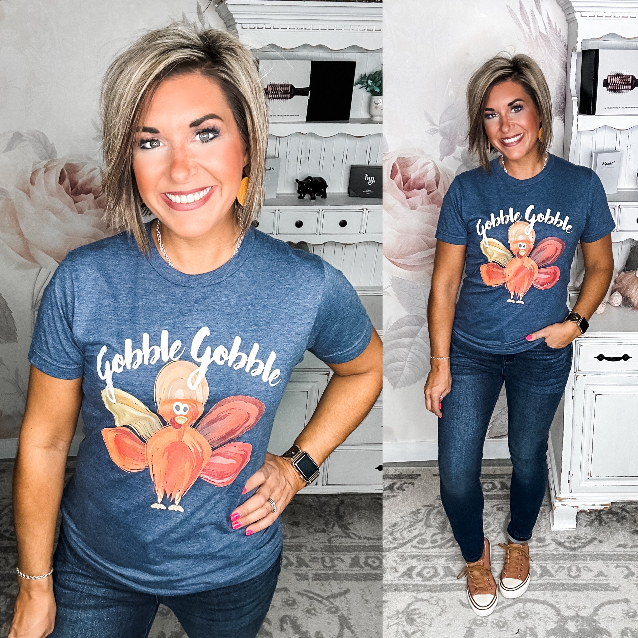 A woman wearing a blue heather denim t-shirt with 'Gobble Gobble' printed on it and a turkey graphic design.