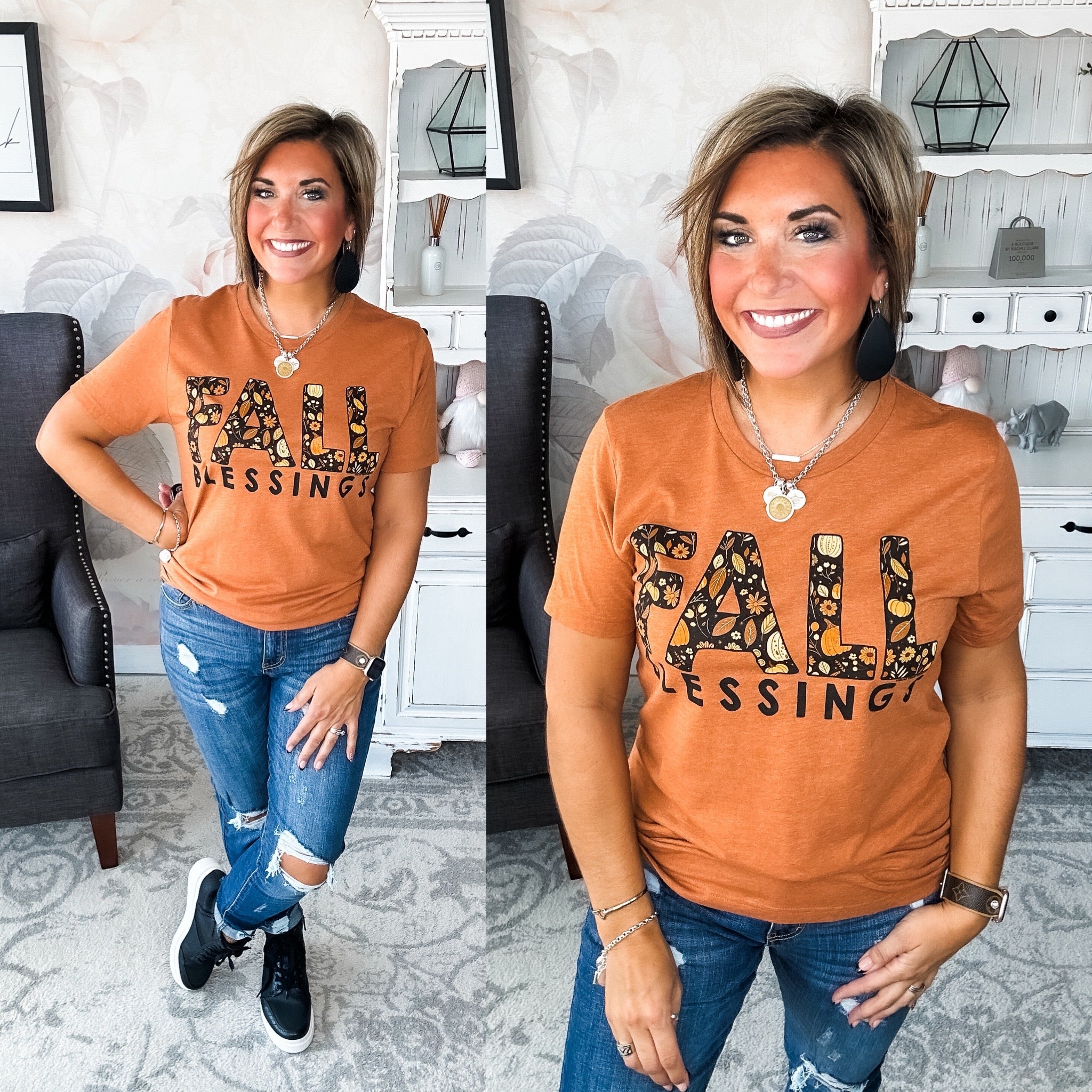 Woman wearing an orange t-shirt with 'Fall Blessings' with a leaf design.