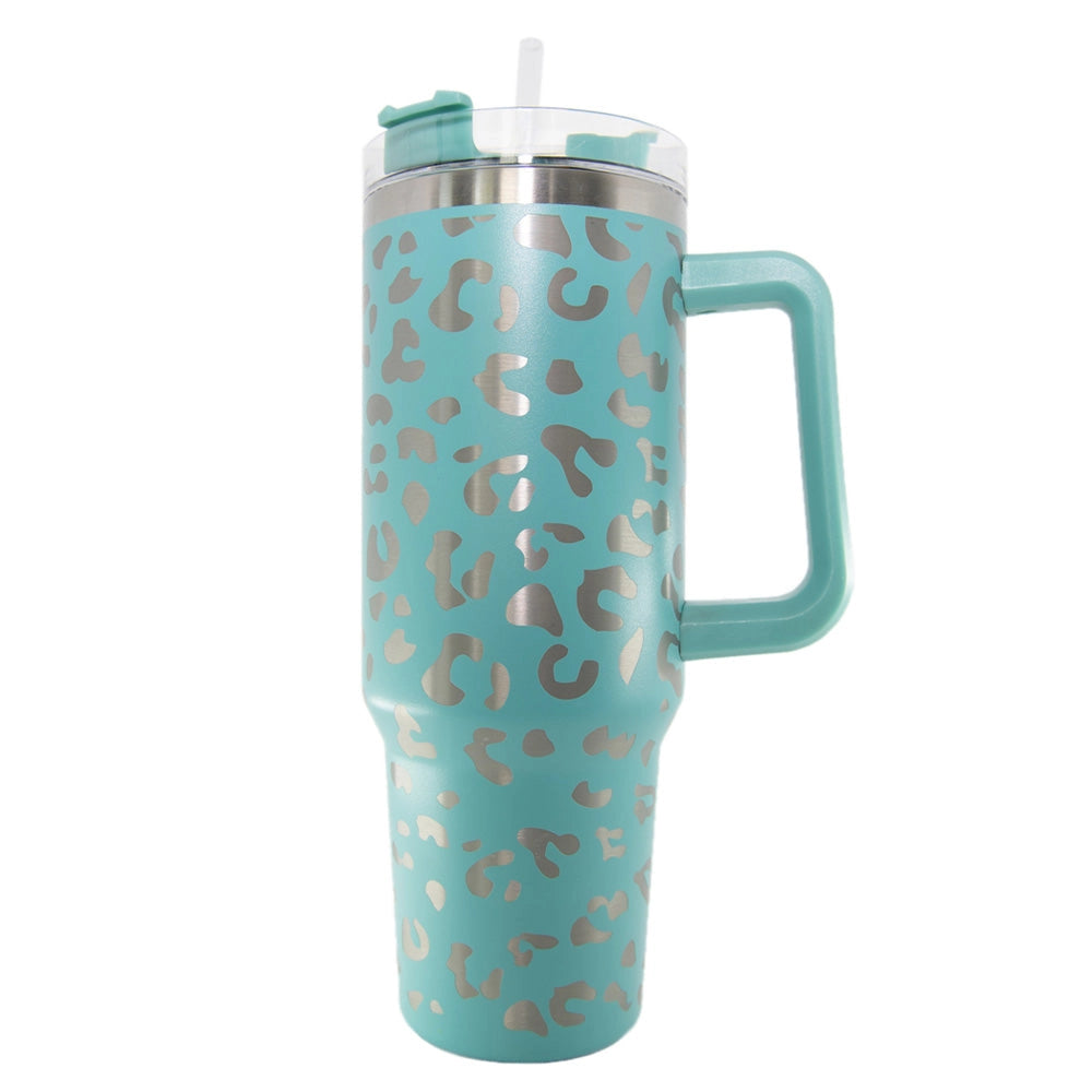 Mint Metallic Leopard Tumbler Cup with Handle - 40oz