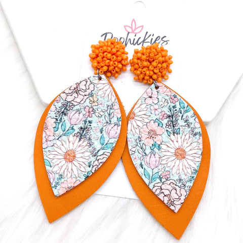 3.5" Tiny Orange Seed Bead & Flower Garden Layered Leaf Earrings