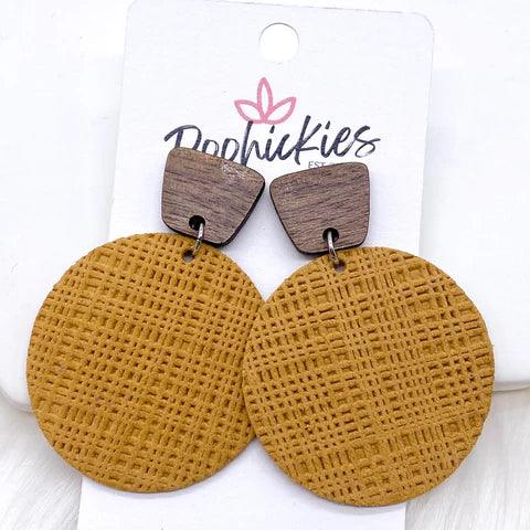 2" Walnut & Embossed Piggyback Dangle Earrings - Mustard Linen