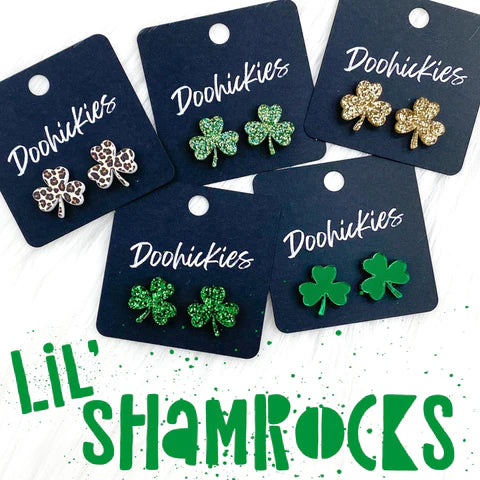 15mm Lil' Shamrock Stud Earrings - Dark Green Glitter