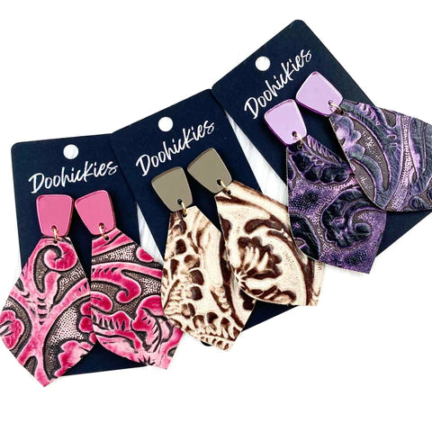 3.25" Colorful Embossed Dangles Western Earrings - Pink Long Trap & Pink