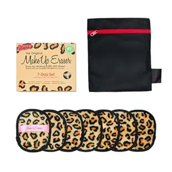 A set of seven leopard print MakeUp Eraser cloths and one black laundry bag with a red zipper.