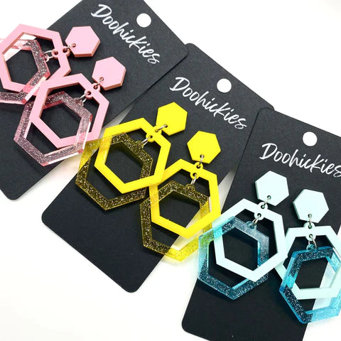 2" Jelly Glitter Hexi Ring Acrylic Earrings - Yellow