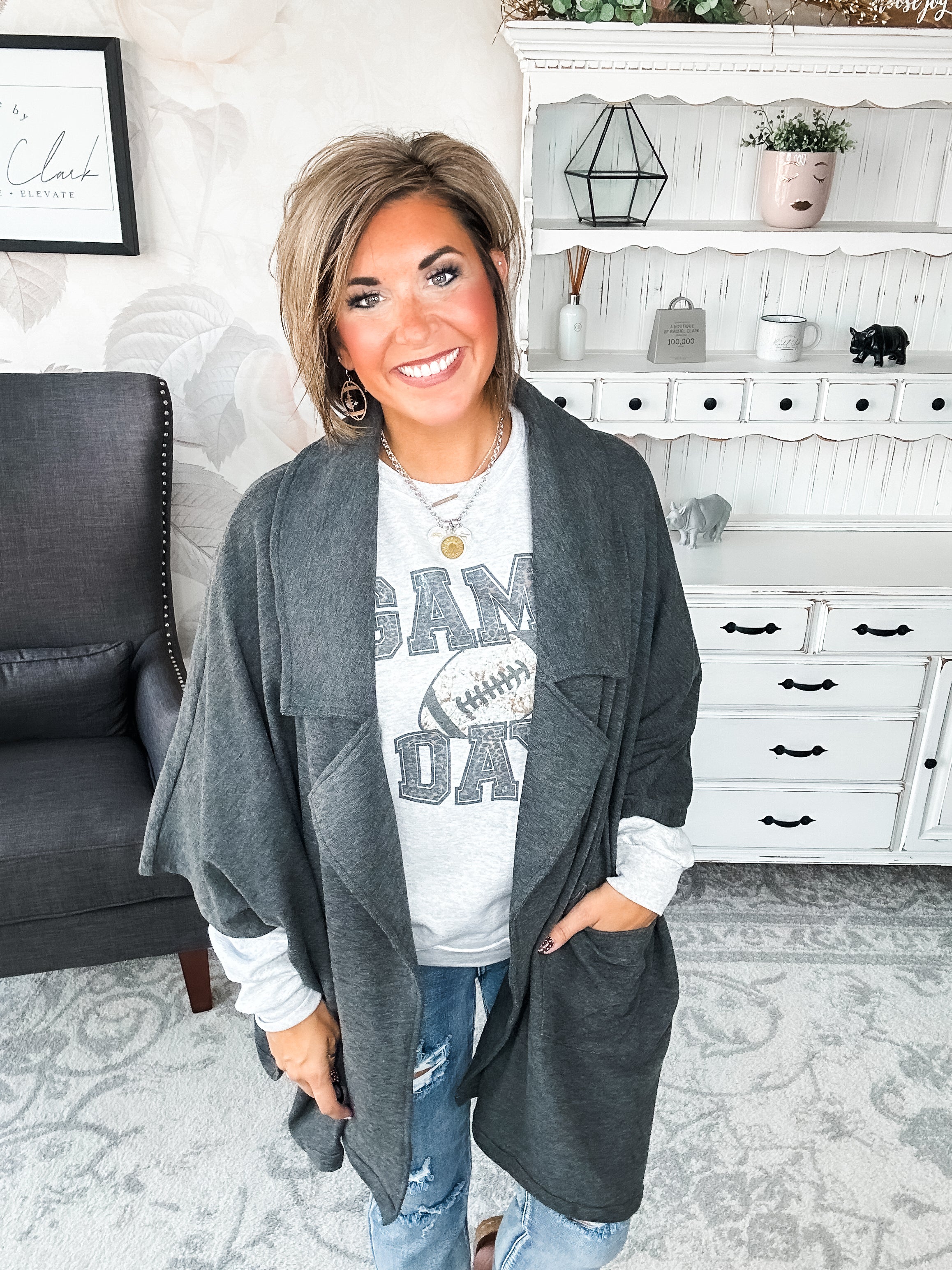 That's Not All Open Front Jacket - Charcoal