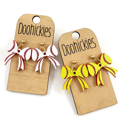 1.5" Bow Dangle Earrings - Baseball