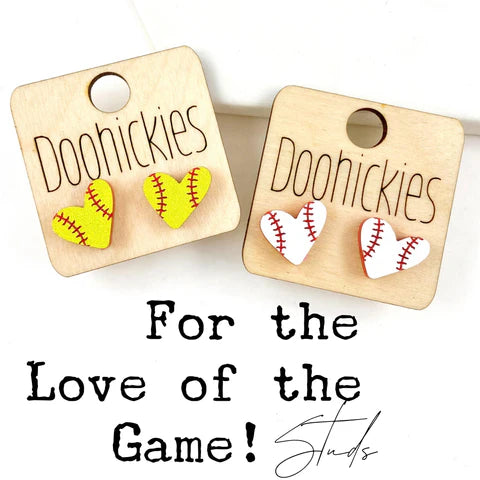 For The Love Of The Game Heart Studs - Baseball Earrings