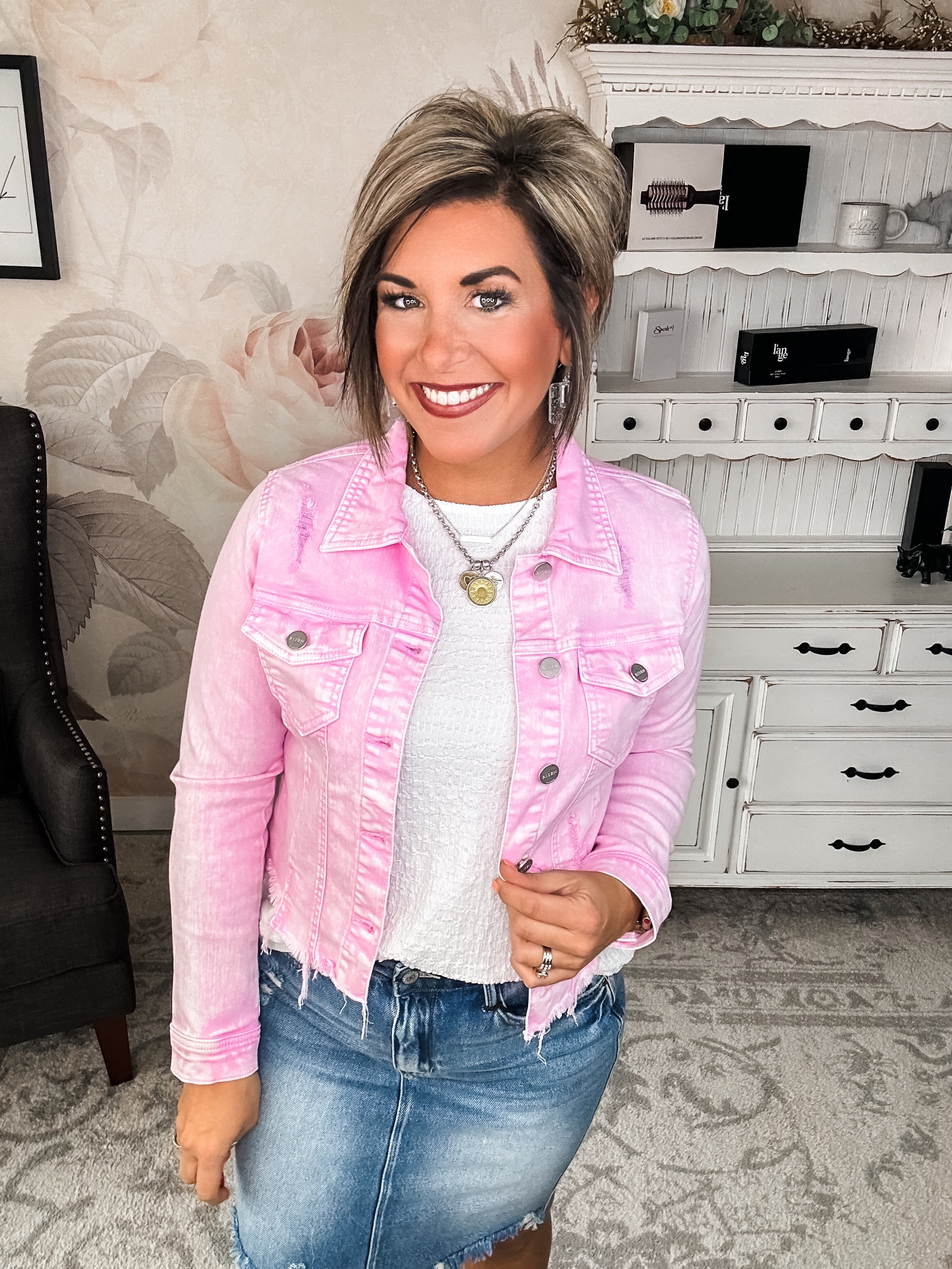 Make Me Happy Fray Hem Color Jean Jacket - Acid Wash Pink