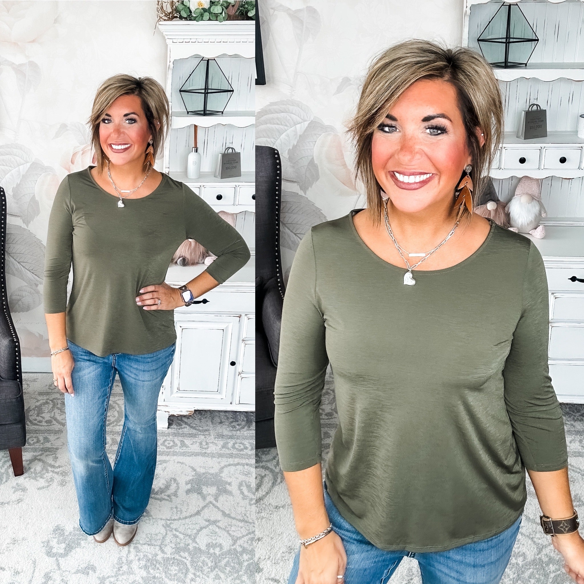 Find The Answer Round Neck Top - Olive