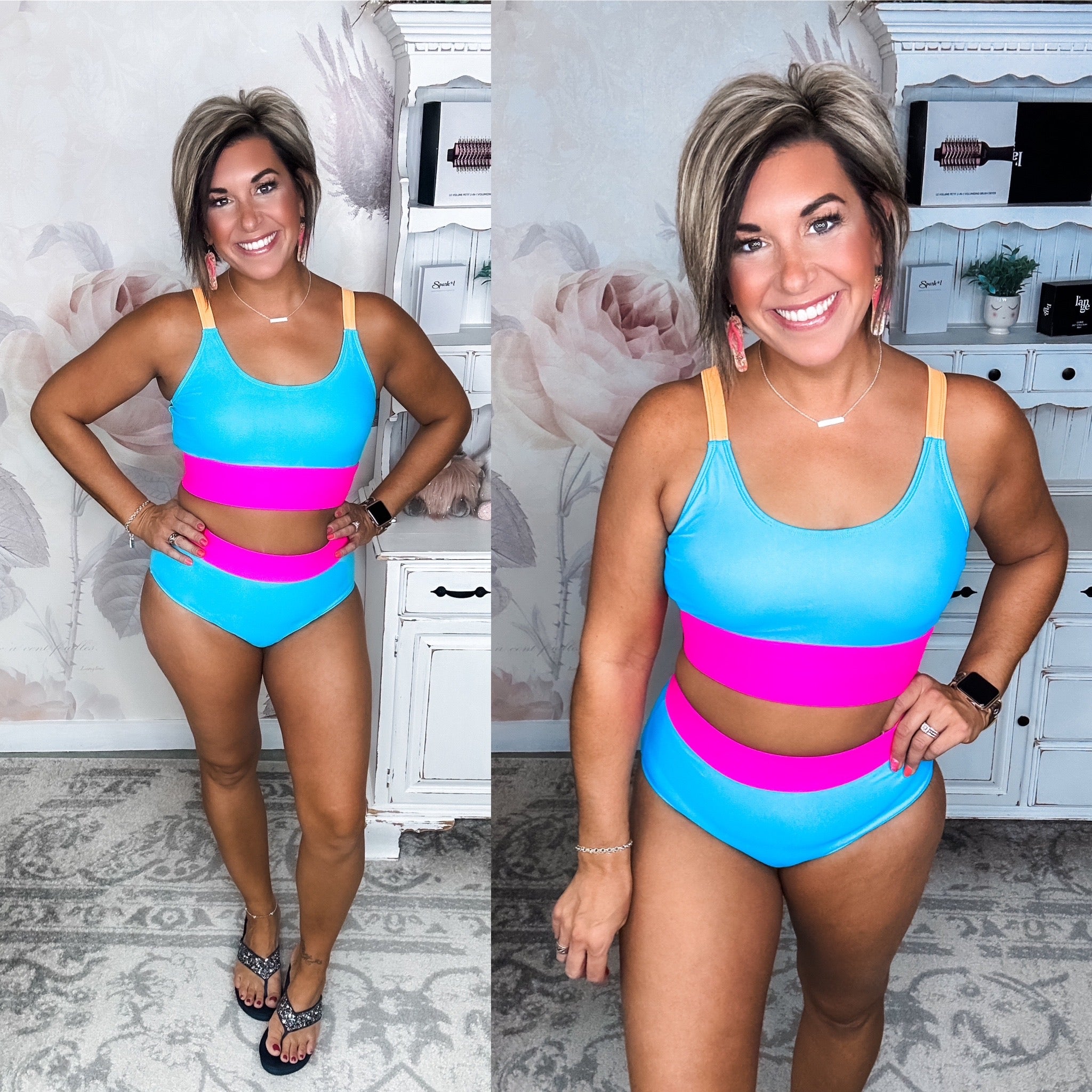 Catching Waves Bikini Swim Top - Blue, Bright Pink & Orange