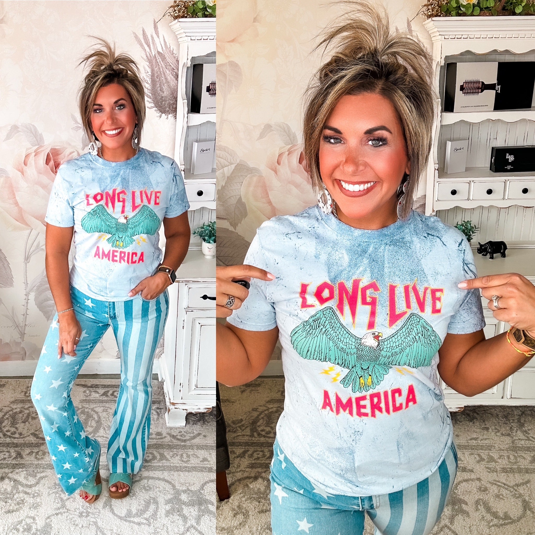 A person wearing a crew-neck, short-sleeve graphic tee with the phrase 'LONG LIVE AMERICA' printed on it, in a bleached blue color.