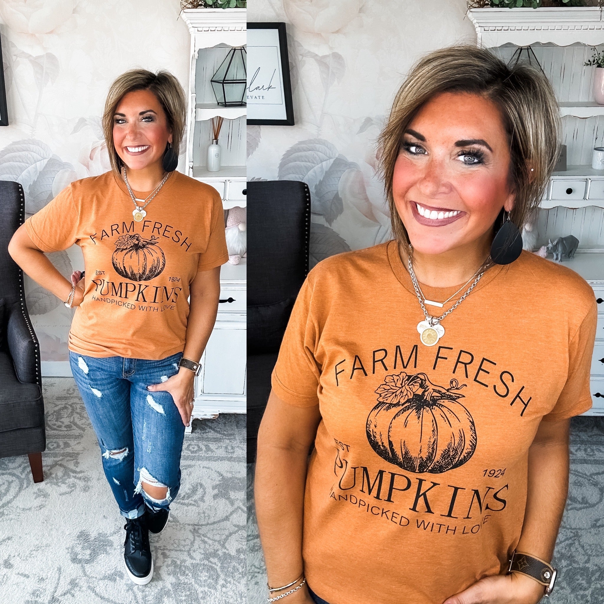 Woman wearing an orange t-shirt that says 'Farm Fresh Pumpkins, Handpicked with Love, Est. 1924' with a pumpkin graphic.