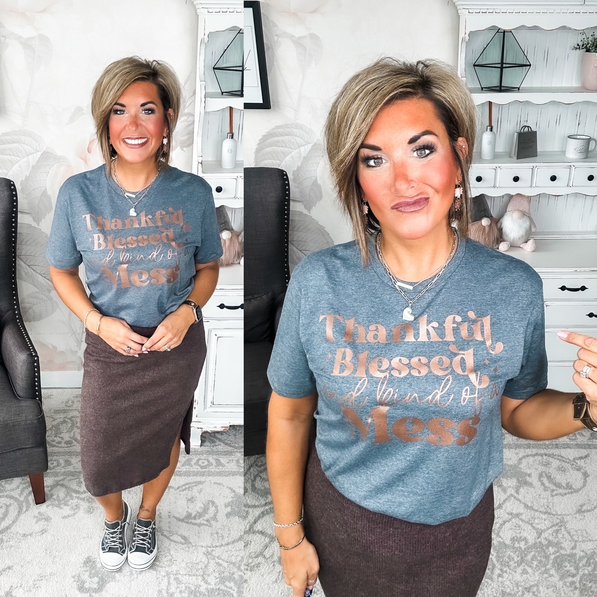 A woman wearing a grey t-shirt with the text 'Thankful Blessed and kind of a Mess' written in rose gold foil print.