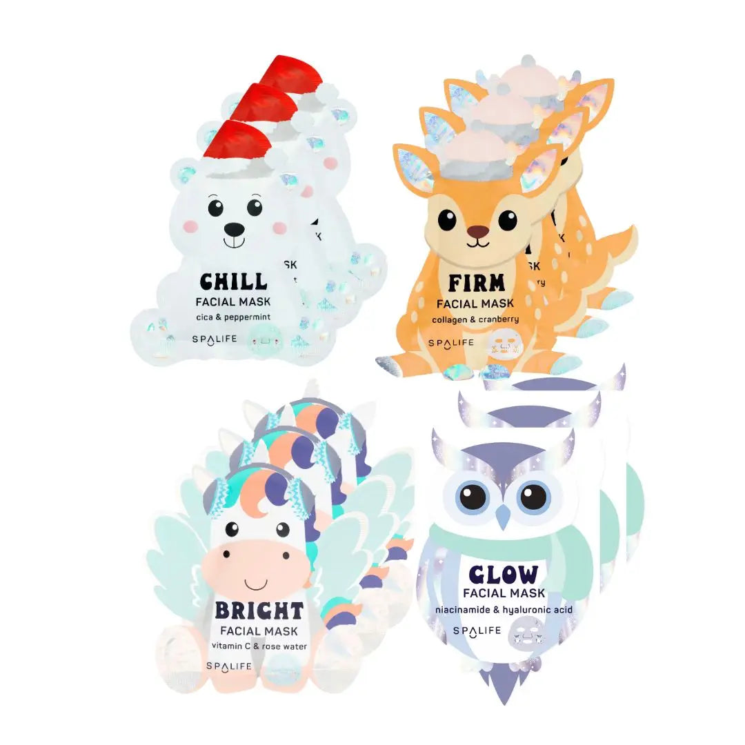Chill facial mask cica and peppermint
Firm facial mask collagen and cranberry
Bright facial mask vitamin C and rose water
Glow facial mask niacinamide and hyaluronic acid