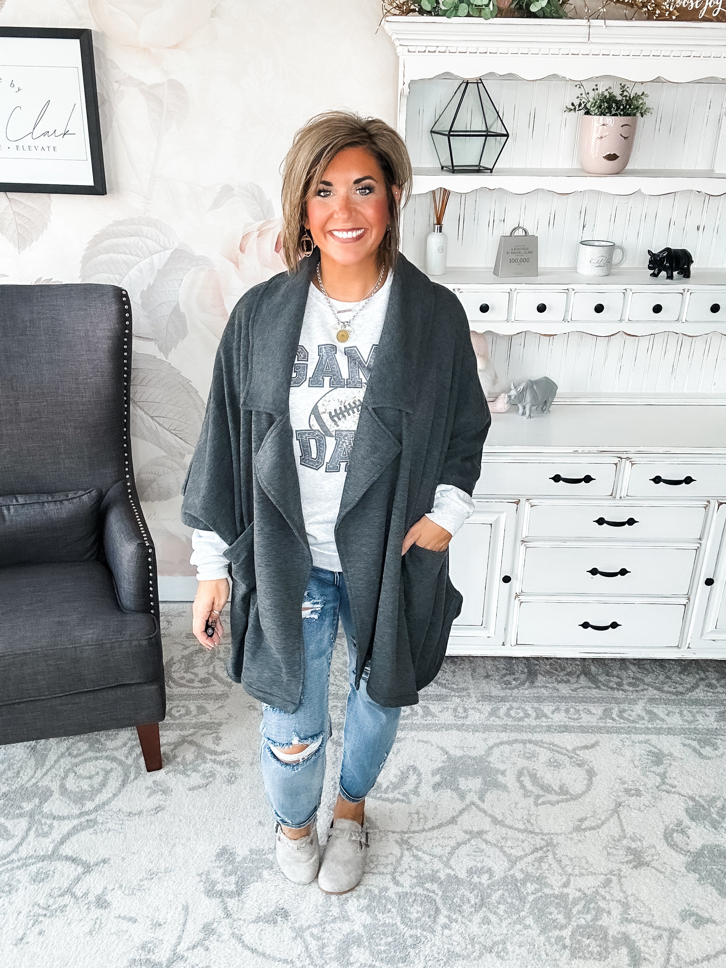 That's Not All Open Front Jacket - Charcoal