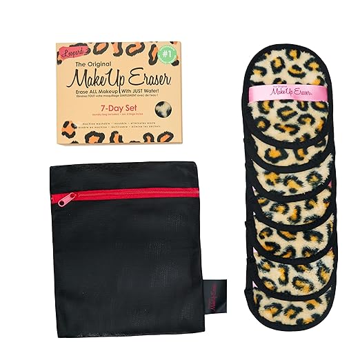 A set of seven leopard print MakeUp Eraser cloths and one black laundry bag with a red zipper.