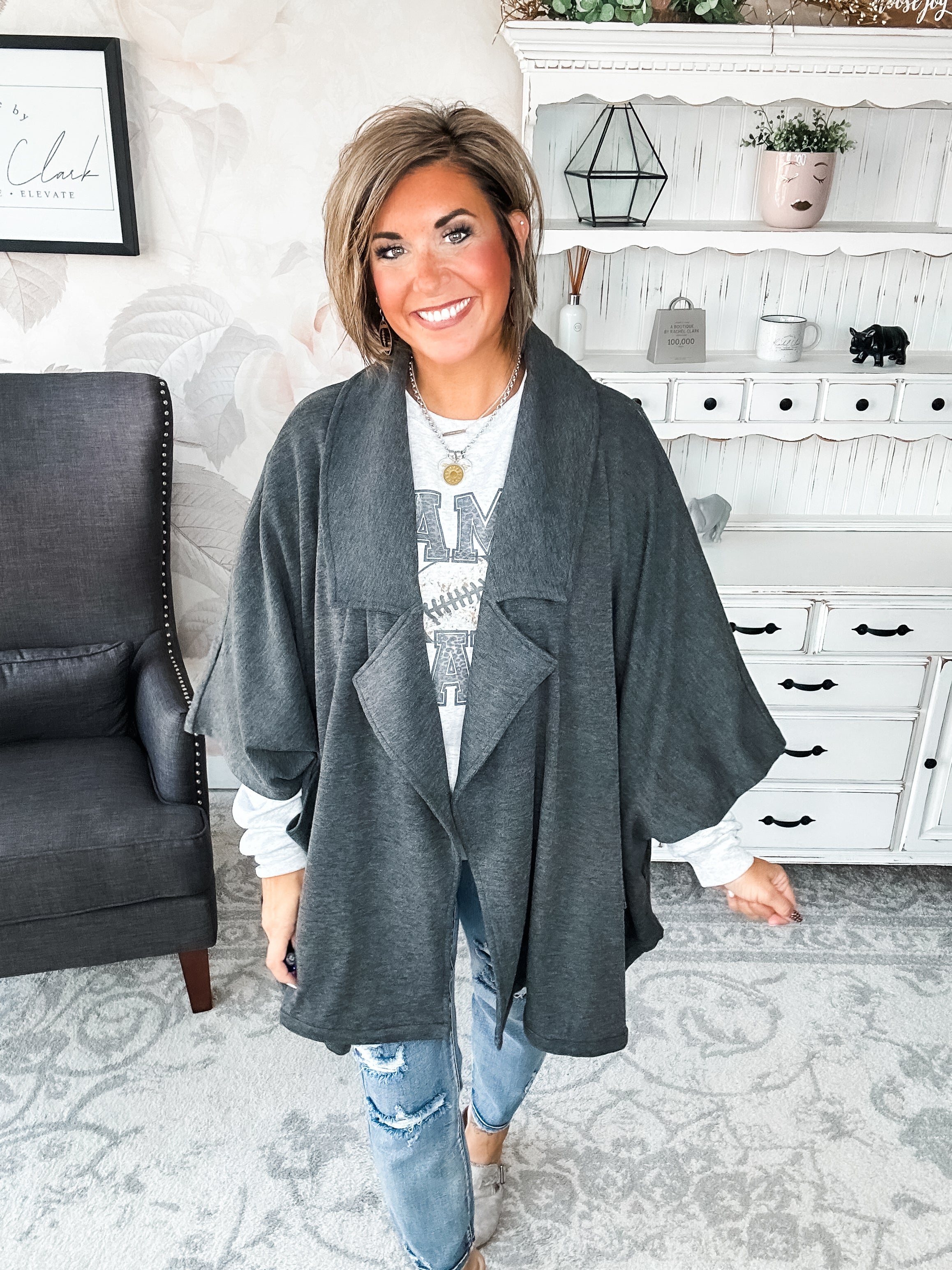 That's Not All Open Front Jacket - Charcoal