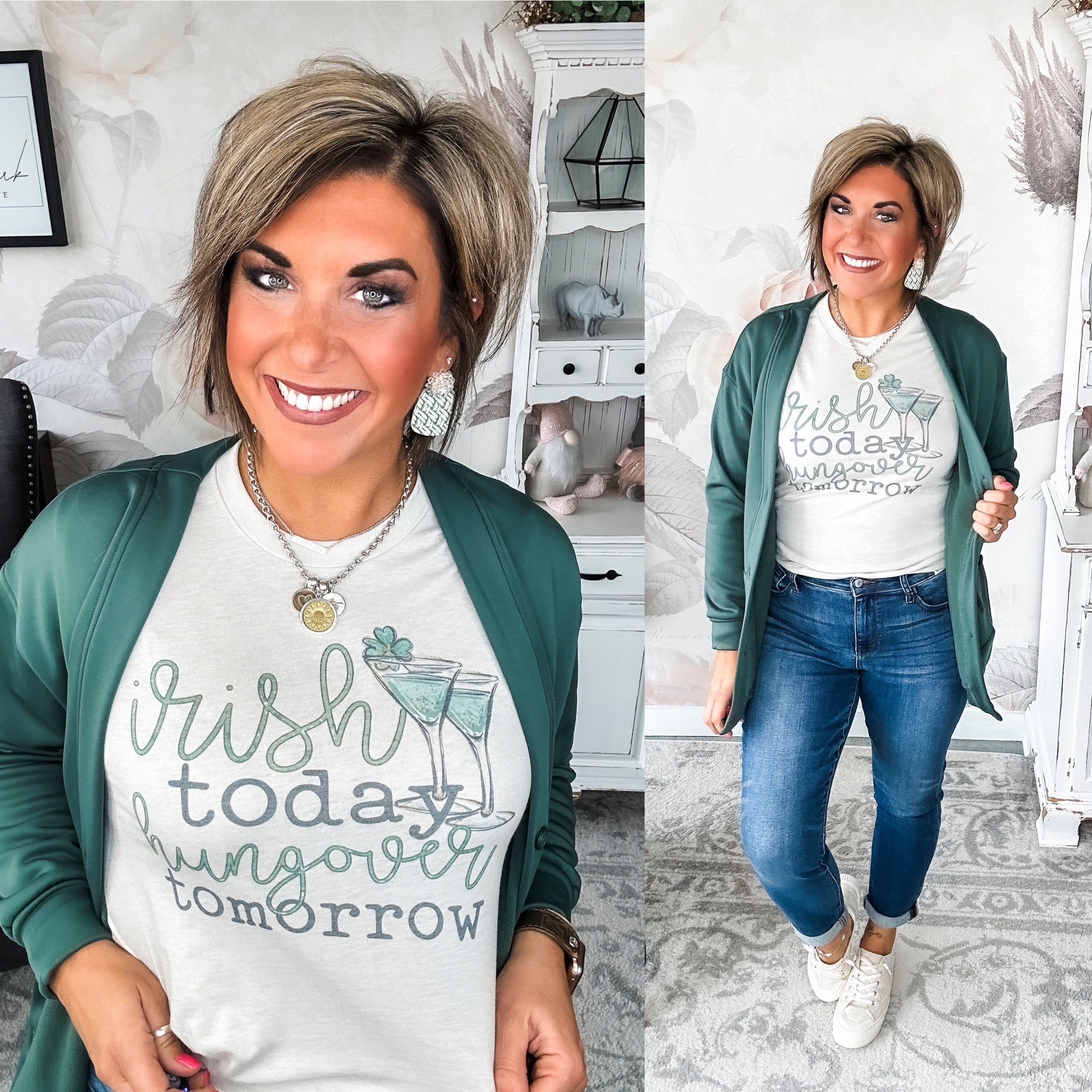 A woman wearing a graphic tee with the text 'Irish today hungover tomorrow'