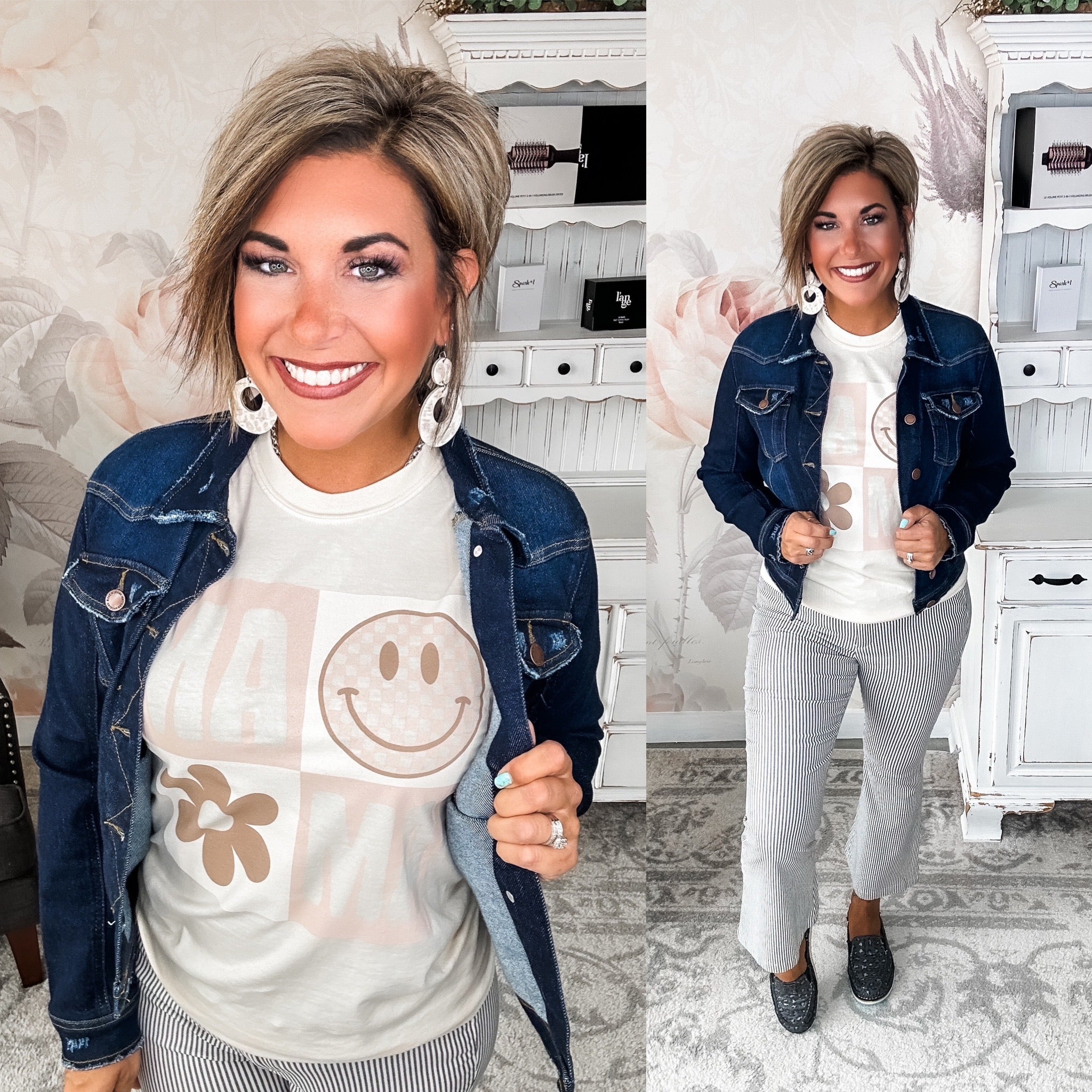 A woman wearing a cream crew-neck t-shirt with a smiley face graphic and text that reads 'MAMA'.