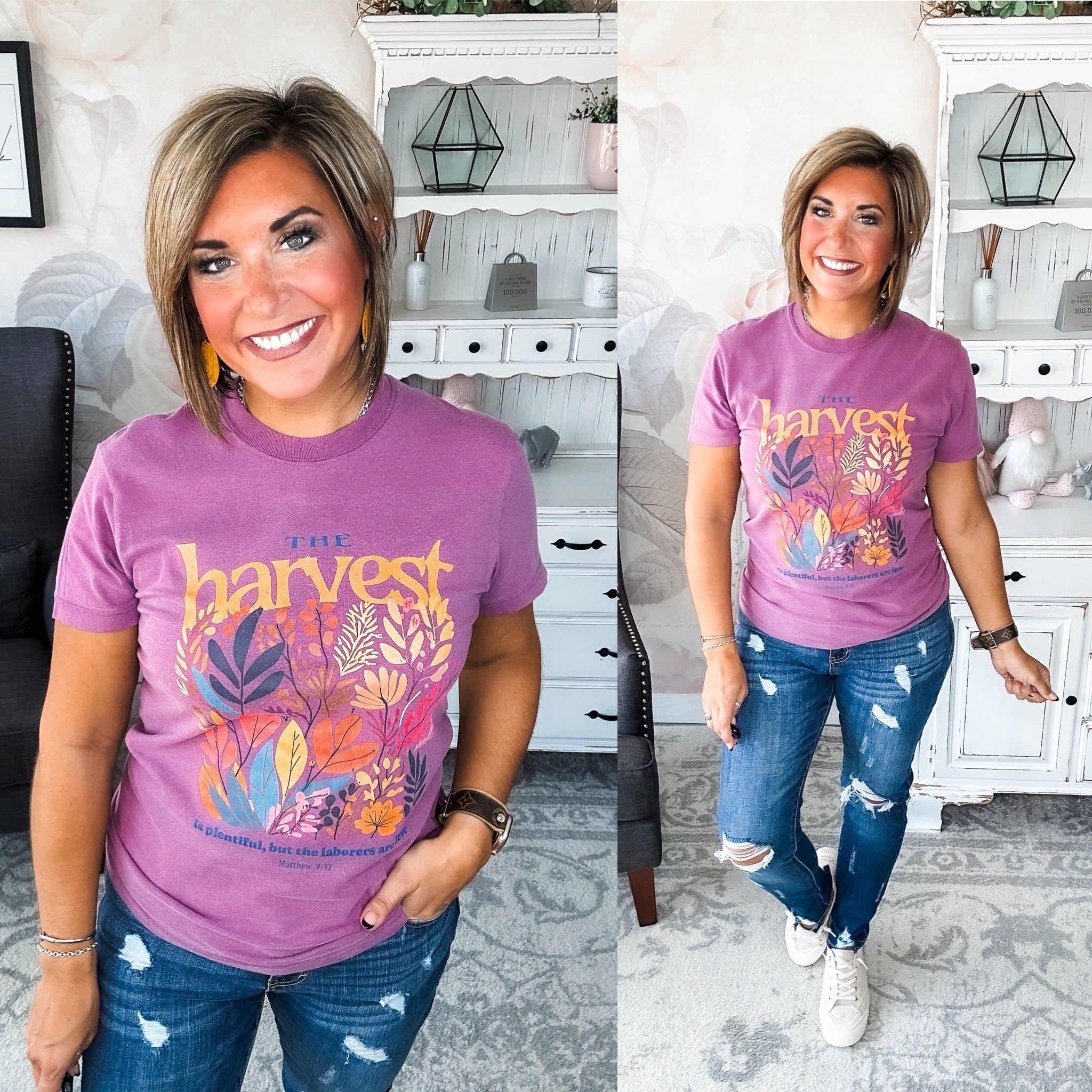 Woman wearing a purple t-shirt with floral designs that reads 'The Harvest is Plentiful, but the Laborers are Few, Matthew 9:37'