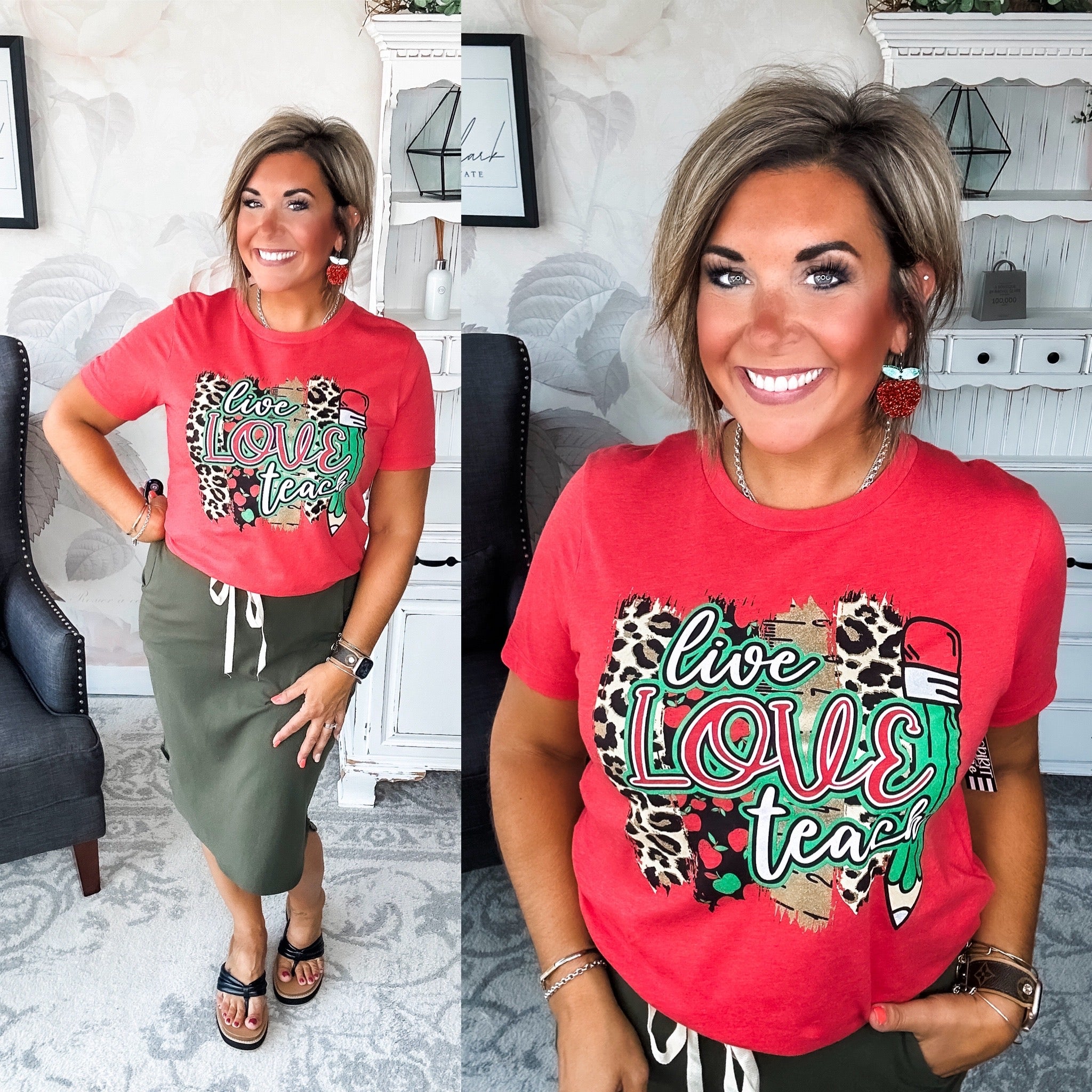 Woman wearing a red t-shirt with 'live love teach' design.