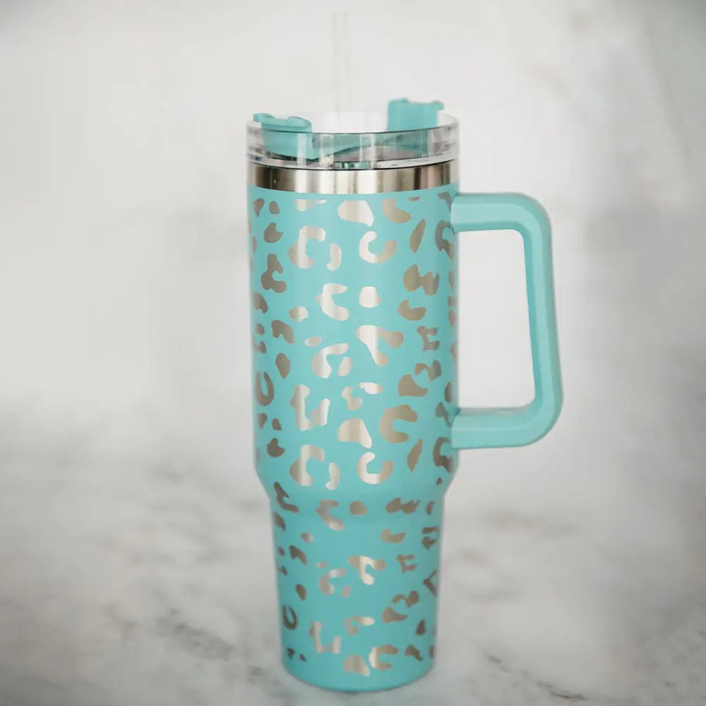 Mint Metallic Leopard Tumbler Cup with Handle - 40oz