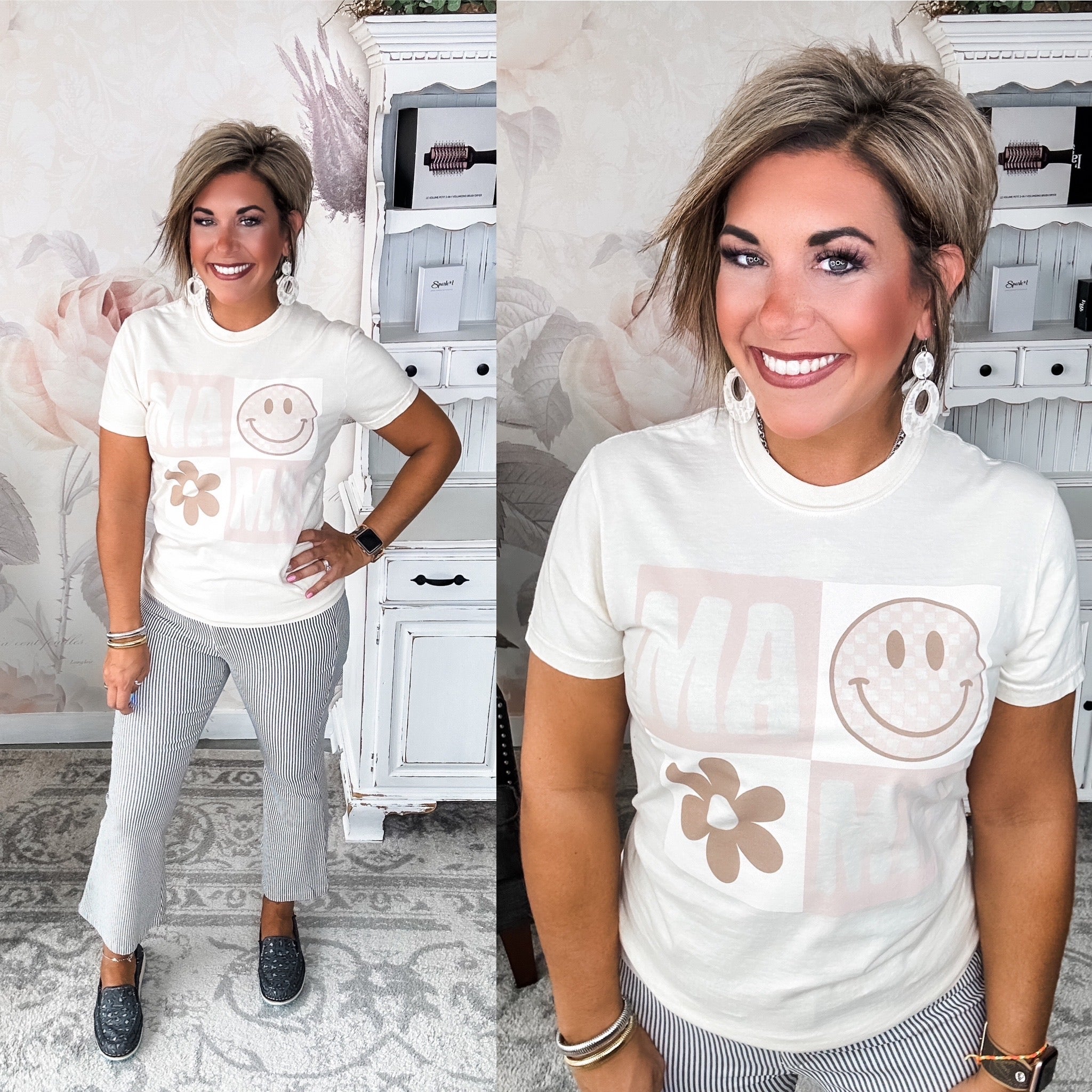 A woman wearing a cream crew-neck t-shirt with a smiley face graphic and text that reads 'MAMA'.