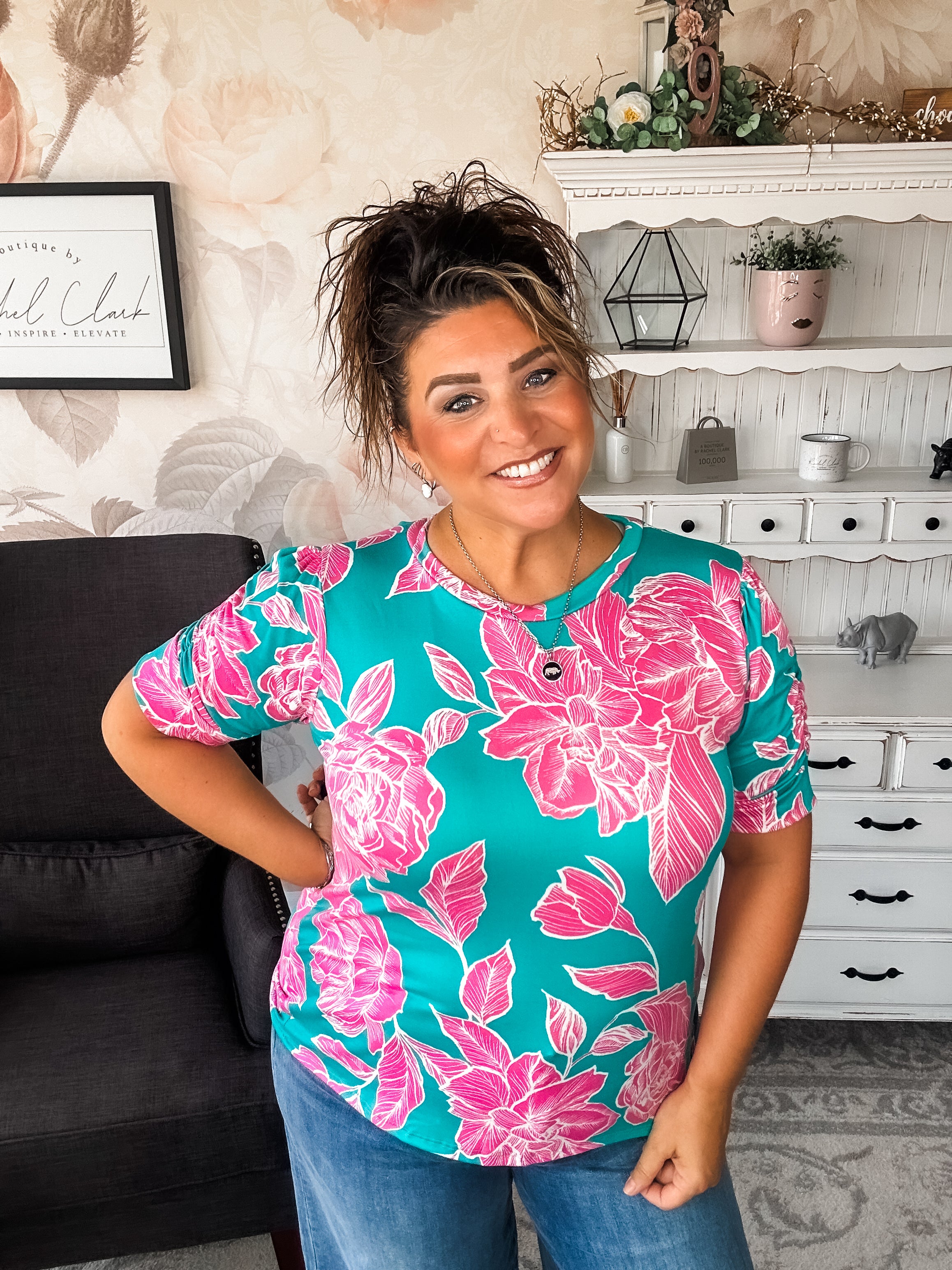 Enchanted To Meet You Top - Teal & Pink
