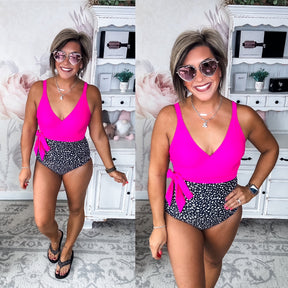 Beach Party One-Piece Swimsuit - Hot Pink & Black Spotted