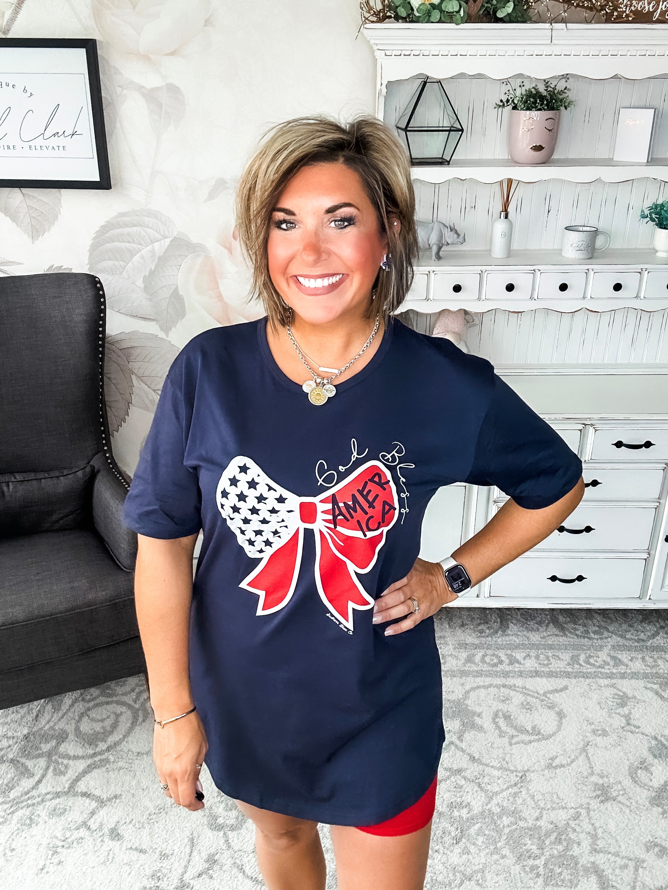 God Bless America Bow Graphic T-shirt Dress