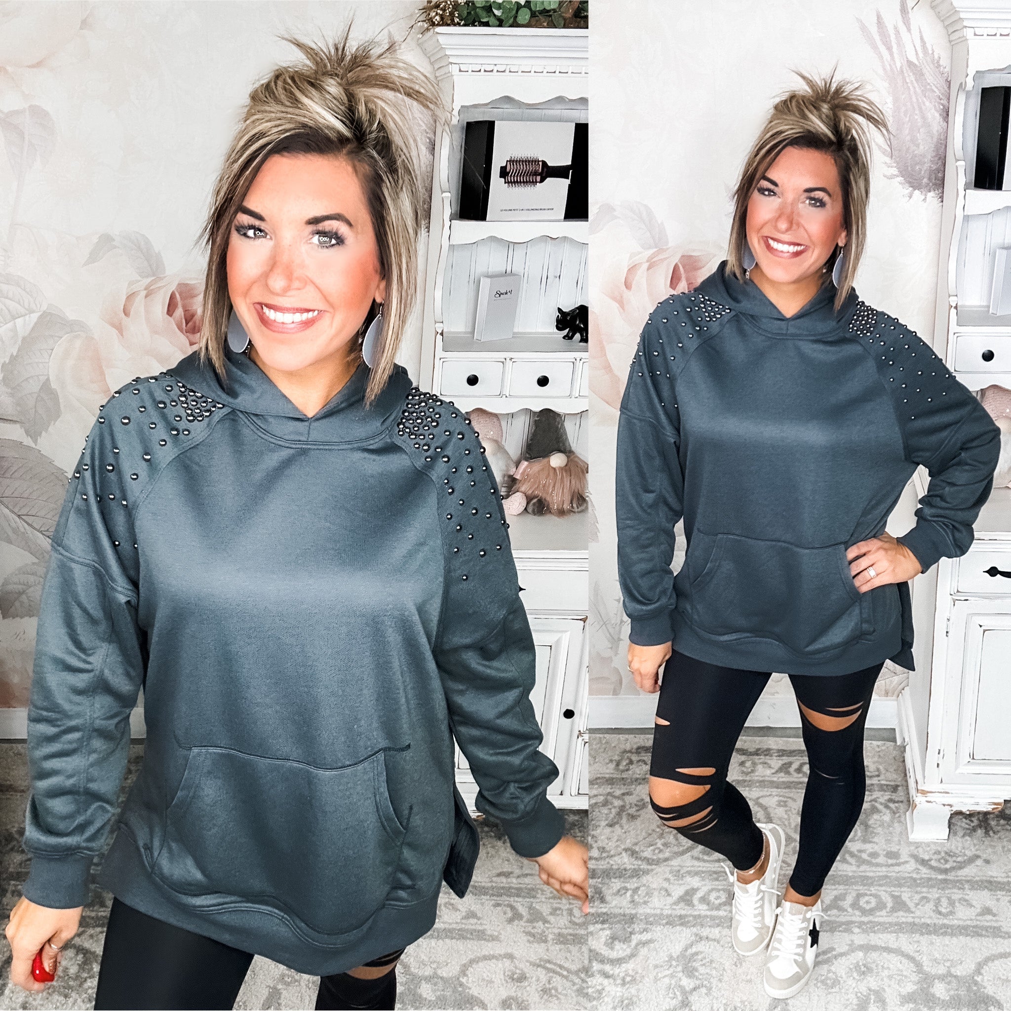 Like It Like That Studded Sweatshirt - Charcoal