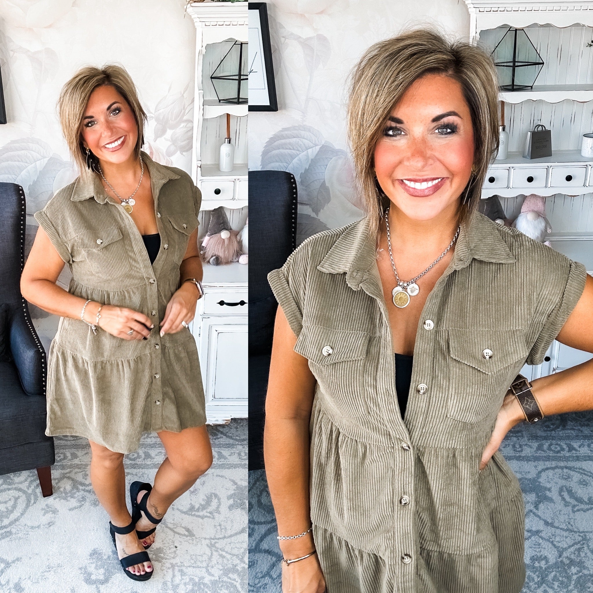 Missing Home Corduroy Dress - Olive