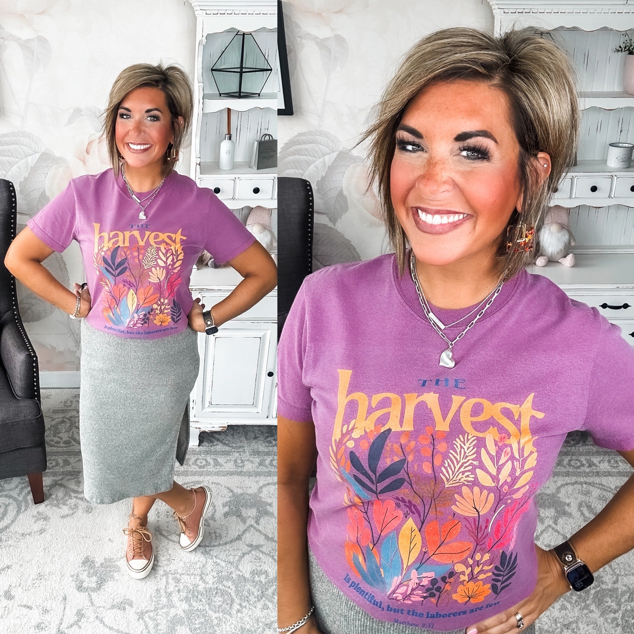 Woman wearing a purple t-shirt with floral designs that reads 'The Harvest is Plentiful, but the Laborers are Few, Matthew 9:37'