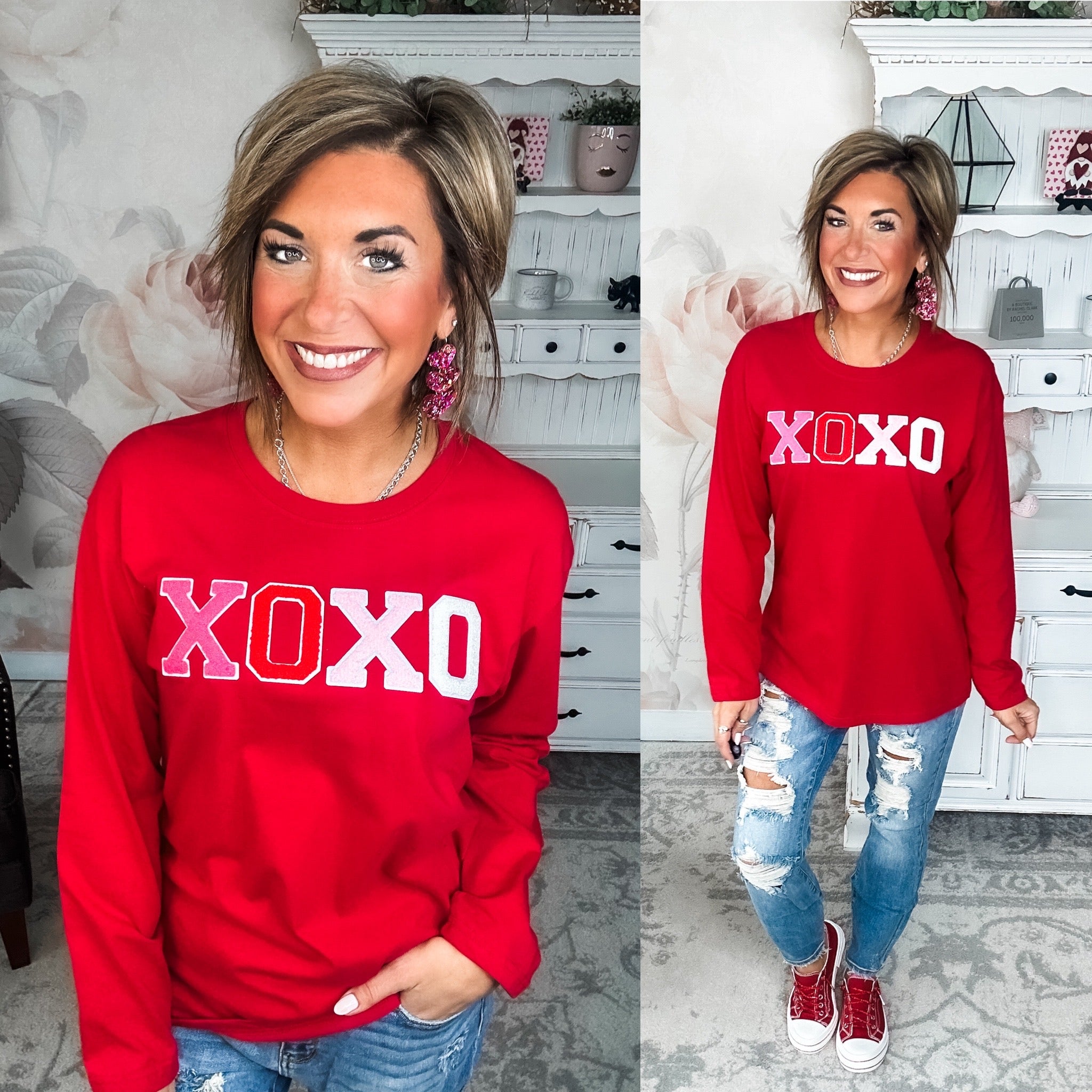 XOXO Boyfriend Long Sleeve Chenille Tee - Red